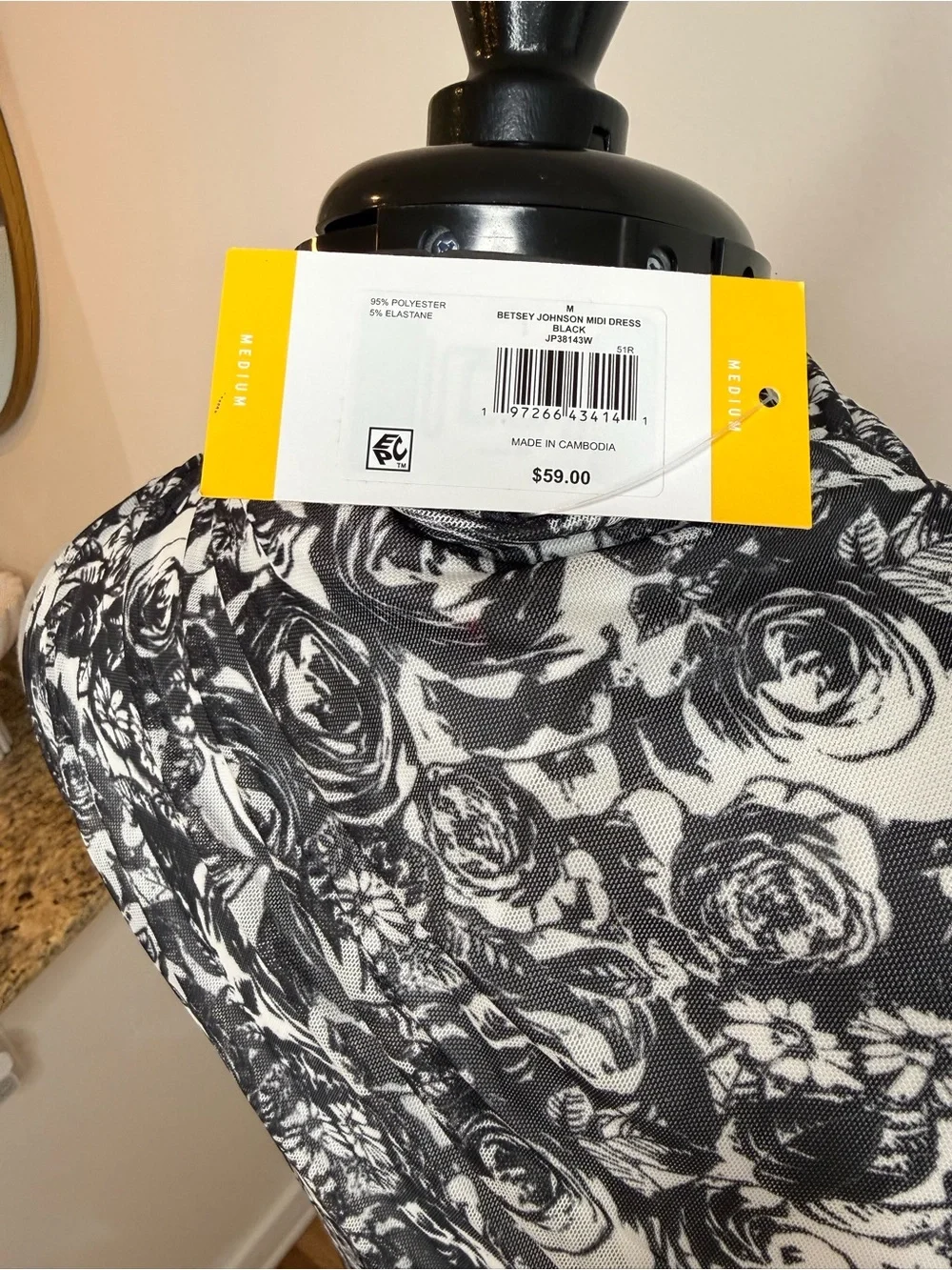 NWT Betsey Johnson Floral Rose Mesh Maxi Dress Black White M - Picture 4 of 7